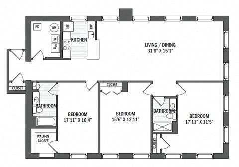 Floor plan for 3 beds, 2 baths, 1664 sqft